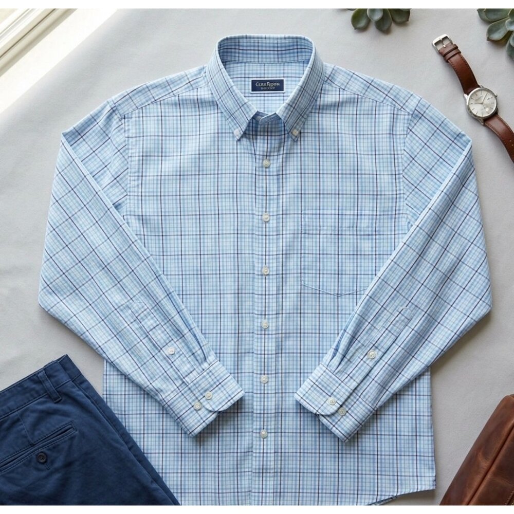 Club Room Mens Regular Fit  Size Large Blue Plaid Long Sleeve Button-Up Shirt